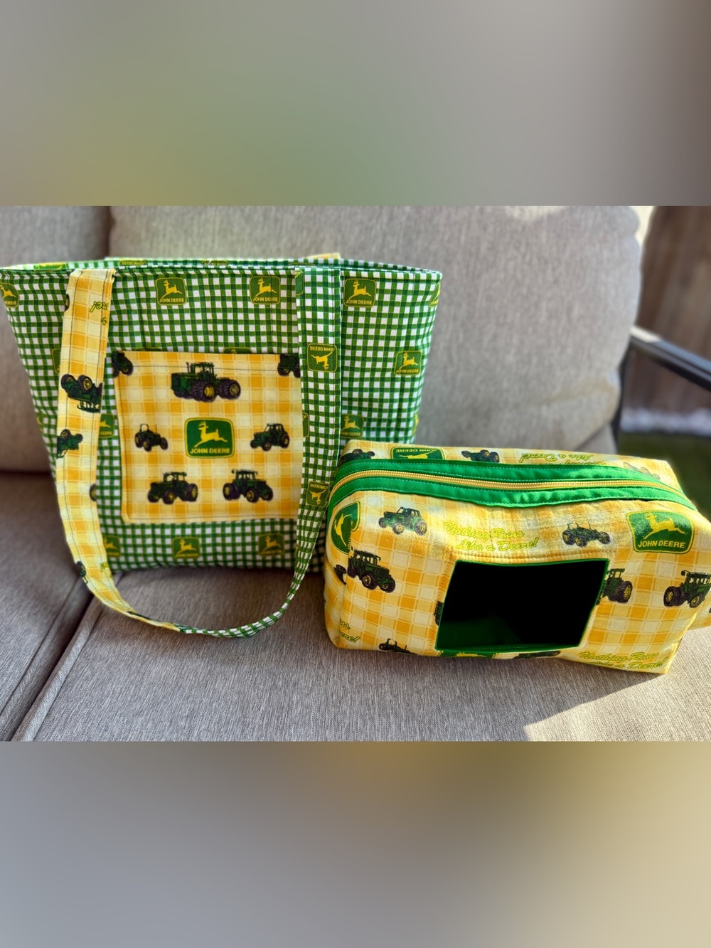 Handmade Quilted John Deere Tote with matching Diaper and Wipe Pouch